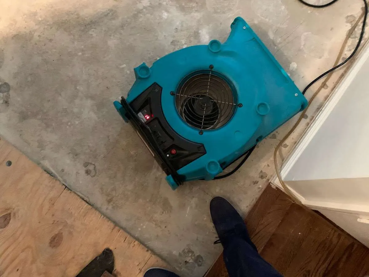 Air mover drying subfloor during Leak Detection & Repair in Tontitown